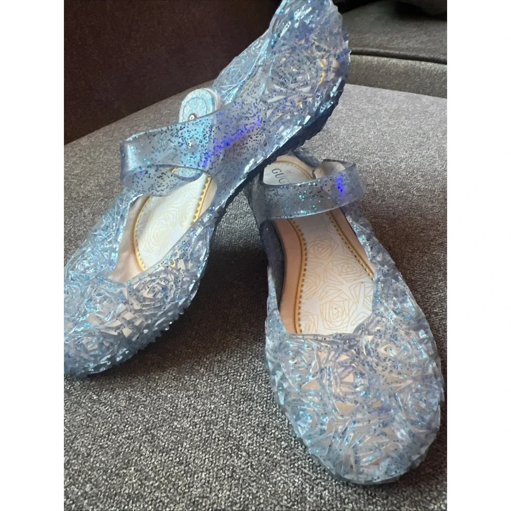 GUGUYeah Jelly Shoes Kids Size 31 Blue Glitter Rose Cutout Mary Jane Flats